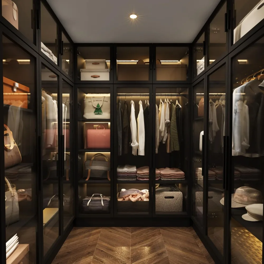 Wardrobe with LED Lights, 5-storey Bookshelf and 6 Glass Doors, 47.2-inch Wooden Display Cabinet with Hanging Pole