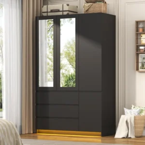 Wardrobe, 3 Doors Armoire Wardrobe Closet with 3 Drawers & Mirror, Modern Wooden Bedroom Armoires with Hanging Rod Led Lights