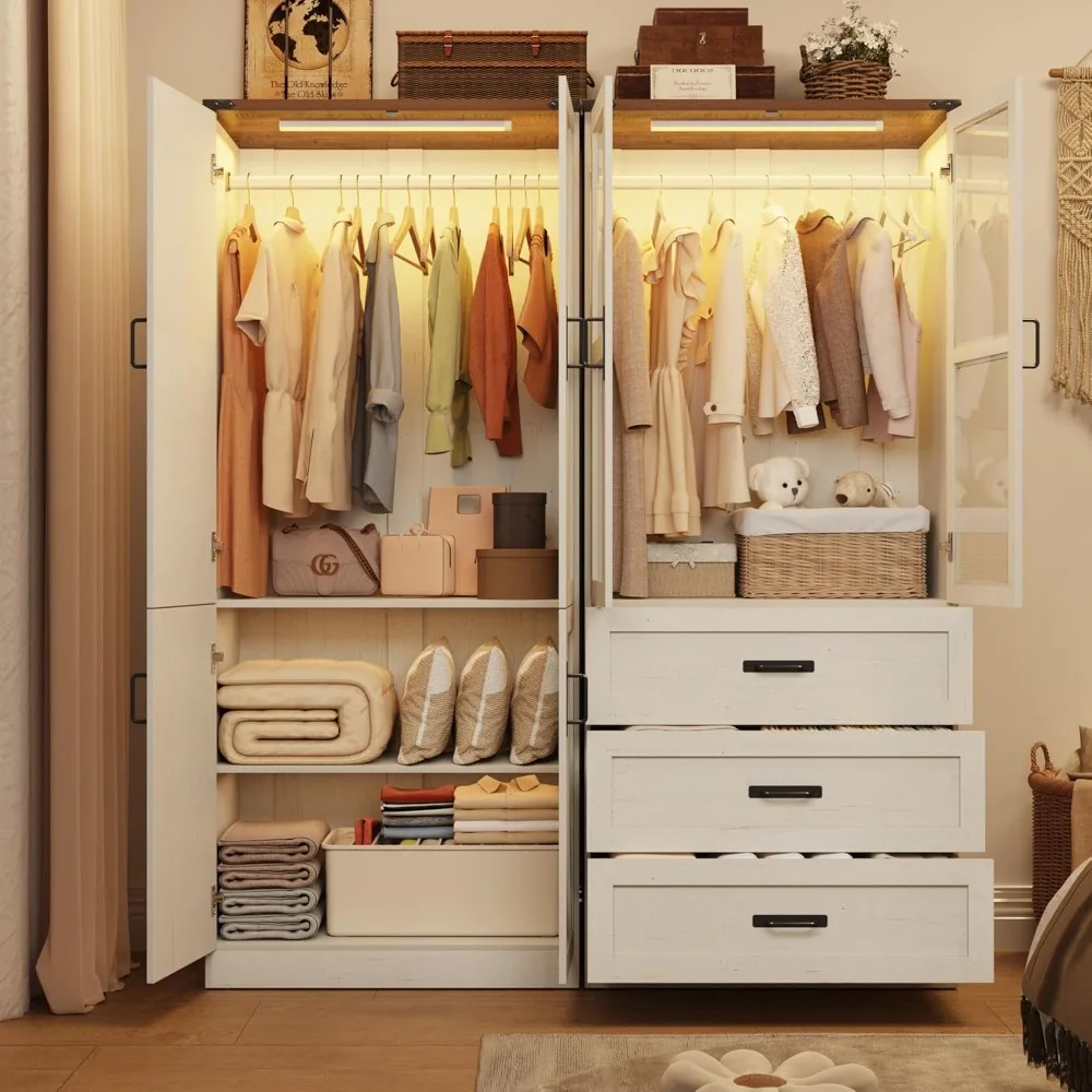 3 Drawers and LED,Freestanding Wardrobe for Bedroom with Hanging RodWooden Armoire Storage Cabinet with Adjustable shelve